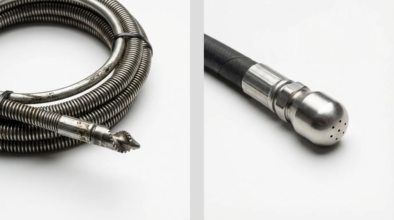 Drain snake cable and hydro jetting nozzle used for drain cleaning in Wayne, MI
