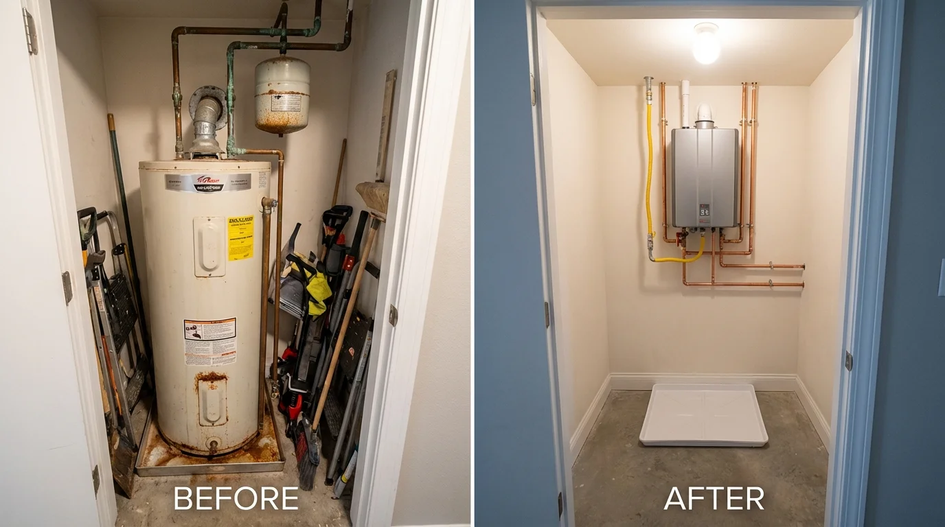 Tank water heater versus wall-mounted tankless unit comparison for Wayne, MI homeowners