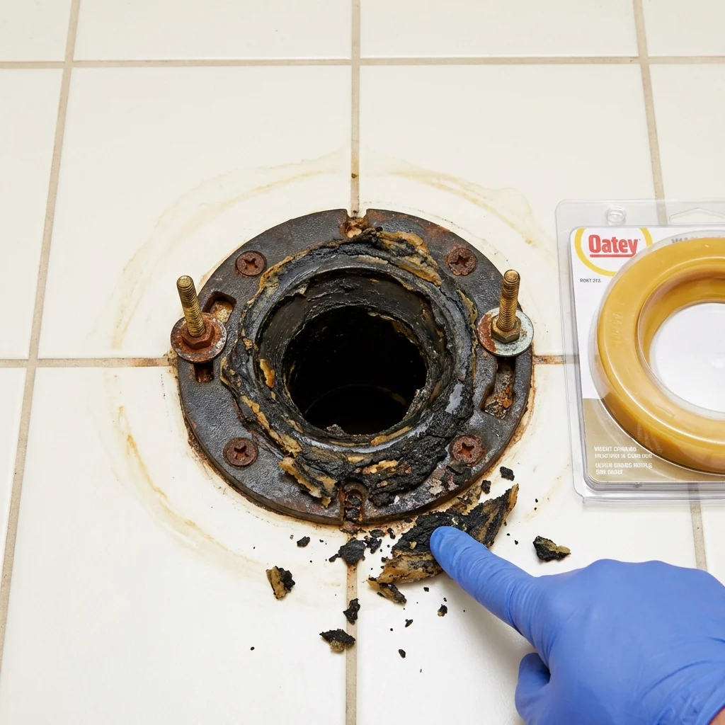 Failed wax ring showing water seepage at the base of a toilet in a Wayne, MI home
