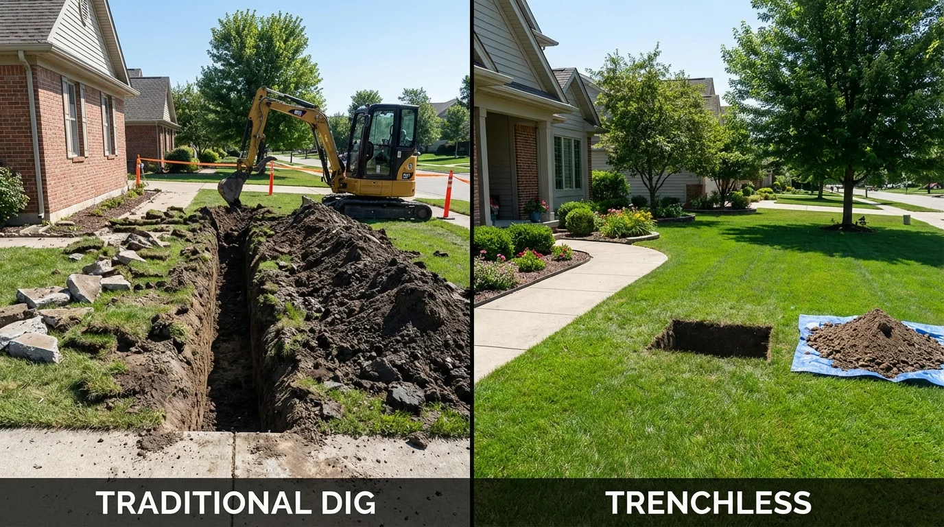Trenchless sewer repair with minimal yard damage versus traditional excavation in Wayne, MI